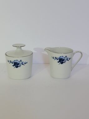 Porcelain Creamer and Covered Sugar Bowl with Blue Floral Motif